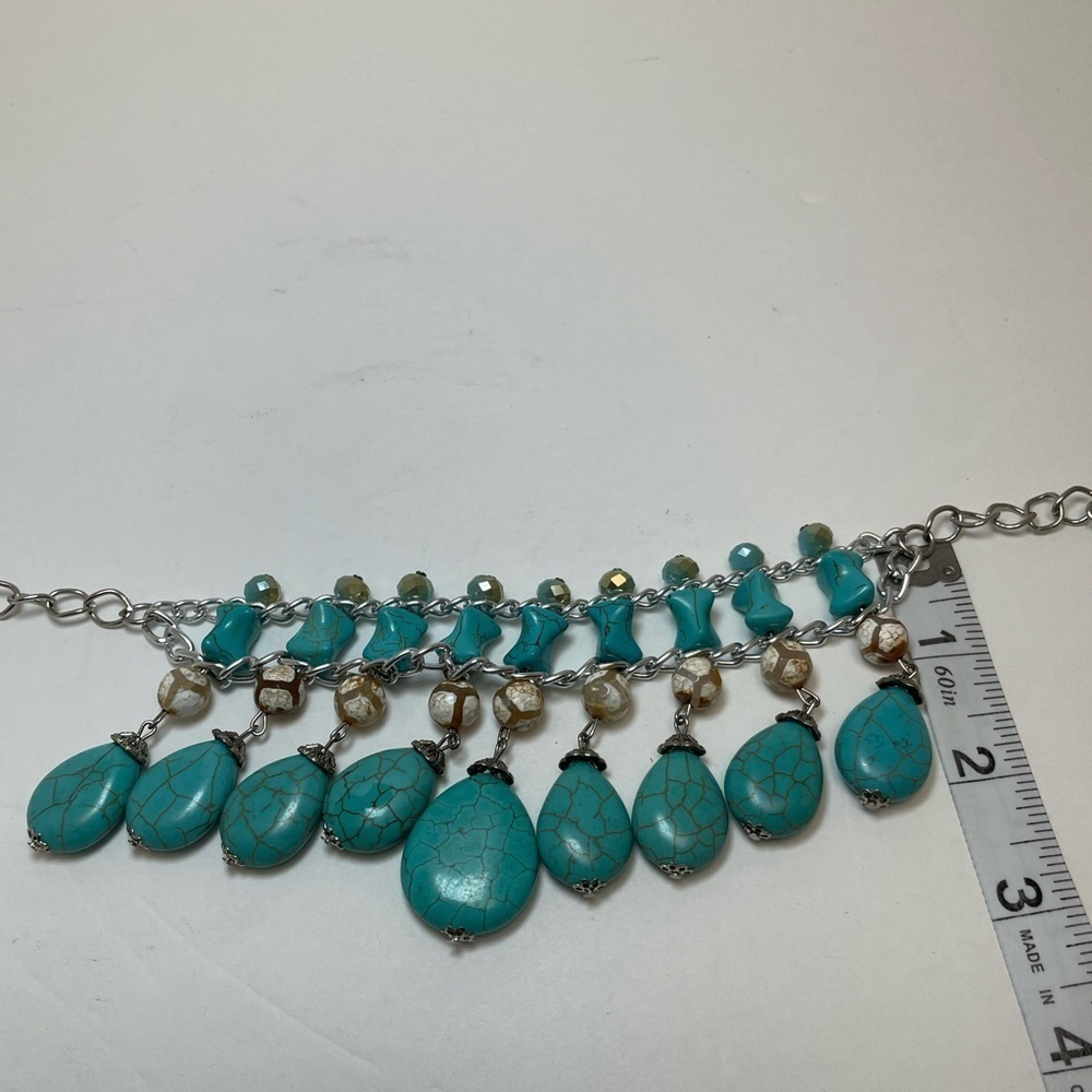 Multi-layer Faux Turquoise Bead Silver Tone Necklace - Picture 4 of 6